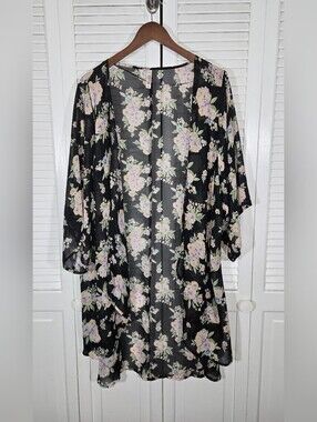 Mudd Black Sheer Floral Duster Open Front Flowy Layering Kimono Sz XL